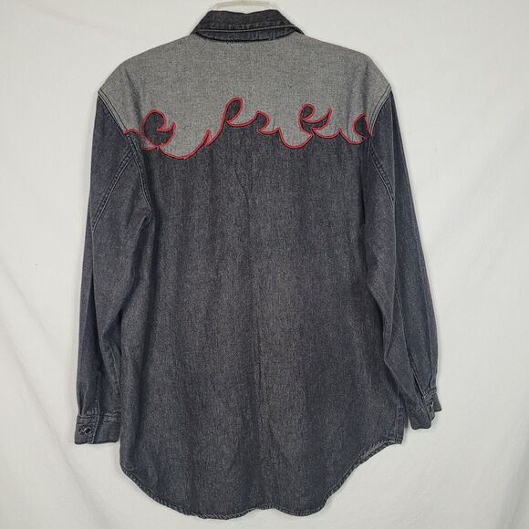 Vintage LA Blues Black Denim w/ Flames Applique Long Sleeve Shirt Size Medium - Picture 2 of 10
